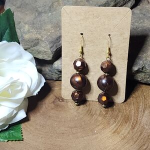 Gold Toned Earrings With Brown And Bronze Swirled Beads Dangle Pierced Earrings